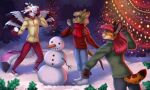  2021 5:3 anthro breasts clothed clothing detailed_background digital_media_(artwork) feathered_wings feathers felid feline female ketty male mammal night outside smile snow snowman trio wings 