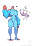  2021 anthro big_breasts blue_body breasts conditional_dnp dialogue empty_eyes english_text featureless_breasts featureless_crotch female jollyjack kaiju looking_at_viewer macro red_body side_profile simple_background solo text white_background white_eyes 