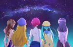  5girls amanogawa_kirara antennae aqua_hair arms_behind_back astronaut beret black_skirt blonde_hair blue_headwear blue_sailor_collar blue_skirt blue_sky bow commentary earrings from_behind go!_princess_precure gradient_sky hagoromo_lala hair_bow hairband happinesscharge_precure! hat heart heart_print highres hikawa_iona hoshina_hikaru hugtto!_precure jacket jewelry kagayaki_homare long_hair long_sleeves milky_way multicolored multicolored_clothes multicolored_hair multicolored_hairband multicolored_jacket multiple_girls night night_sky older pink_hair pink_hairband precure purple_bow purple_shirt ribbed_shirt sailor_collar saki_(maichocho) shirt short_hair skirt sky sleeveless sleeveless_shirt spacesuit star_(sky) star_(symbol) star_earrings star_twinkle_precure stargazing starry_sky streaked_hair striped striped_shirt sweater upper_body white_jacket yellow_hairband yellow_headwear yellow_jacket yellow_shirt yellow_sweater 