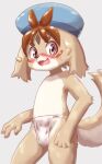  2020 anthro asian_clothing black_nose blush brown_body brown_eyes brown_fur canid canine canis caught clothing domestic_dog ear_piercing east_asian_clothing freddie_(gundam_build_divers_re:rise) fundoshi fur gundam gundam_build_divers_re:rise headgear headwear hi_res japanese_clothing looking_at_viewer male mammal open_mouth piercing piporinton simple_background solo underwear young 