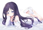  1girl :t aiba_uiha bandaged_leg bandages bangs bare_shoulders bed_sheet black_hair blue_bow blue_eyes blush bow breasts camisole cleavage closed_mouth collarbone eyebrows_visible_through_hair hair_bow hair_ornament hairclip heart jacket kokone_(coconeeeco) legs_up long_hair long_sleeves looking_at_viewer lying mole mole_under_eye nijisanji off_shoulder on_stomach open_clothes open_jacket pleated_skirt pout shoe_soles skirt sleeves_past_wrists slippers small_breasts solo translation_request very_long_hair virtual_youtuber white_background white_camisole white_footwear white_jacket white_skirt x_hair_ornament 