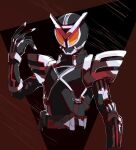  1boy armor belt black_background black_bodysuit blank_eyes bodysuit chikichi commentary_request cropped_torso hand_up helmet kamen_rider kamen_rider_555 kamen_rider_delta male_focus orange_eyes red_background shoulder_armor simple_background sketch solo two-tone_background upper_body 