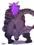  3:4 absurd_res anthro anus balls big_balls big_butt big_penis black_body butt cursedmarked dragon frill_(anatomy) genitals hi_res horn ixen male membrane_(anatomy) membranous_frill muscular muscular_anthro muscular_male penis purple_body purple_scales raised_tail rear_view scales scalie simple_background solo white_background 