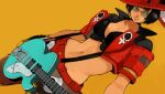  1girl belt black_hair breasts cleavage electric_guitar guilty_gear guilty_gear_strive guitar hat highres i-no instrument jacket midriff red_headwear red_jacket short_hair sonapo sunglasses venus_symbol witch_hat 