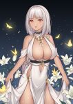  1girl absurdres azur_lane bare_shoulders body_markings breasts bug butterfly center_opening cleavage cocktail_dress dress evening_gown facial_mark fengye_chong flower forehead_mark gold_bracelet gold_choker halter_dress halterneck high-waist_sideboob highres insect large_breasts long_hair massachusetts_(azur_lane) massachusetts_(dressed_to_impress)_(azur_lane) native_american official_alternate_costume orange_eyes solo very_long_hair white_flower white_hair yellow_butterfly 