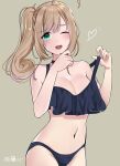  1girl black_choker blonde_hair blue_swimsuit blush breasts choker cleavage eyebrows_visible_through_hair feet_out_of_frame green_eyes hair_ribbon hand_up highres idolmaster idolmaster_cinderella_girls kia long_hair looking_at_viewer medium_breasts navel one_eye_closed open_mouth ribbon satou_shin simple_background solo swimsuit swimsuit_pull swimwear 