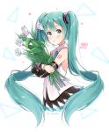  1girl 39 :o absurdres aqua_eyes aqua_hair aqua_nails aqua_neckwear aqua_ribbon artist_name bare_shoulders black_skirt black_sleeves blurry blurry_background bouquet commentary cropped_legs detached_sleeves flower flower_request from_side gremlinbon hair_ornament hatsune_miku hatsune_miku_(nt) heart highres holding holding_bouquet layered_sleeves long_hair looking_at_viewer miniskirt nail_polish neck_ribbon parted_lips piapro pleated_skirt ribbon shirt shoulder_tattoo skirt sleeveless sleeveless_shirt solo tattoo triangle twintails twitter_username upper_body very_long_hair vocaloid white_background white_flower white_shirt white_sleeves 