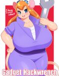  4_fingers anthro big_breasts blue_eyes blush border braffy breasts chip_&#039;n_dale_rescue_rangers cleavage clothed clothing curvy_figure dialogue disney english_text eyelashes female fingers gadget_hackwrench hair hand_on_hip hi_res huge_breasts jumpsuit long_hair mammal mouse murid murine open_mouth orange_hair portrait rodent solo standing tan_body text thick_thighs three-quarter_portrait tools voluptuous white_border wide_hips wrench 