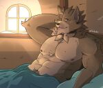  abs anthro bed bedroom blep brown_body brown_fur canid canine canis chest_tuft far_beyond_the_world_(series) fur furniture hand_behind_head head_tuft hi_res male mammal muscular muscular_anthro neck_tuft piercing pubic_hair_peek sakeek scar solo tongue tongue_out tuft video_games visual_novel vithyr_(far_beyond_the_world) wolf 