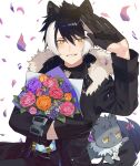  1boy animal_ears black_coat black_gloves black_hair bouquet coat flower gloves grin hand_up highres holding holding_bouquet holostars jackal jackal_ears kageyama_shien long_sleeves looking_at_viewer male_focus multicolored_hair pet rozu_ki short_hair smile streaked_hair virtual_youtuber white_hair yellow_eyes 