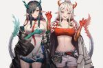  2girls absurdres aqua_skin arknights bandeau belt belt_pouch black_belt black_coat black_hair blue_fire blush braid breasts china_dress chinese_clothes chinese_commentary claw_pose cleavage cleavage_cutout closed_mouth clothing_cutout coat coat_on_shoulders colored_skin cowboy_shot dragon_girl dragon_horns dragon_tail dress dusk_(arknights) earrings fangs fire grey_background hair_between_eyes hair_over_one_eye hand_on_own_chest head_tilt highres horns huge_filesize jewelry lips long_hair looking_at_viewer medium_breasts multicolored multicolored_hair multicolored_skin multiple_girls navel nian_(arknights) off_shoulder open_clothes open_coat open_mouth pointy_ears ponytail pouch purple_eyes red_eyes red_hair red_neckwear red_skin red_tubetop short_dress short_shorts shorts siblings side-by-side side_braid silver_hair simple_background single_braid sisters sleeveless sleeveless_dress smile somnuss stomach strapless streaked_hair tail tassel tassel_earrings tubetop two-tone_hair white_coat white_dress white_shorts 