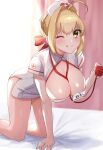  1girl absurdres ahoge alternate_costume arm_support bangs bed bent_over blonde_hair blush bow breasts cleavage dress eyebrows_visible_through_hair fate/grand_order fate_(series) green_eyes hair_intakes highres hospital_bed indoors large_breasts licking_lips name_tag nero_claudius_(fate) nero_claudius_(fate)_(all) one_eye_closed smile stethoscope tongue tongue_out twitter_username yayoi_maka 