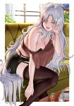  1girl azur_lane bare_shoulders black_bra black_shorts black_tank_top bra bra_strap breasts cleavage coffee couch dorian_oishiiyo large_breasts long_hair multicolored_hair official_alternate_costume on_couch one_eye_closed orange_eyes plant red_hair shorts silver_hair solo strap_slip streaked_hair tallinn_(azur_lane) tallinn_(nostalgic_pilsner)_(azur_lane) tank_top thighhighs two-tone_hair underwear very_long_hair 