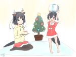  2girls :d absurdres alternate_costume animal_ears antennae arms_up bangs bare_legs barefoot black_hair black_legwear blue_eyes blush box cake child christmas_tree commentary disconnected_mouth drawstring dress eyebrows_visible_through_hair fake_animal_ears fake_antlers food fur_trim gift gift_box greater_lophorina_(kemono_friends) hair_between_eyes hairband head_wings highres hood hood_down hoodie kemono_friends long_sleeves looking_at_another multiple_girls no_shoes open_mouth pantyhose pom_pom_(clothes) santa_dress shiraha_maru short_hair short_sleeves sitting skirt smile standing star_(symbol) tail western_parotia_(kemono_friends) white_background yellow_background yellow_hoodie younger 