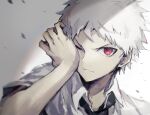  1boy asuna_(doruru-mon) bangs black_neckwear closed_mouth collared_shirt commentary_request danganronpa_(series) danganronpa_2:_goodbye_despair frown grey_background grey_hair hand_up highres hinata_hajime hinata_hajime_(awakened) looking_at_viewer male_focus necktie one_eye_closed portrait red_eyes shirt short_hair solo white_hair white_shirt wiping_eyes 