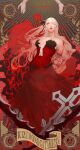  1girl absurdres amputee black_ribbon blonde_hair blood blood_on_arm bloody_hair breasts cleavage cross dress guro hair_ribbon hand_up highres injury kiss-shot_acerola-orion_heart-under-blade kizumonogatari large_breasts long_dress long_hair monogatari_(series) red_dress red_lips ribbon severed_arm severed_limb shishirui_san solo tears vampire 