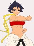  1girl abs baggy_pants belt black_belt black_hair bra breasts brown_eyes choker cleavage clenched_hands clothes_around_waist dougi fighting_stance highres karate_gi looking_at_viewer lowleg lowleg_pants makoto_(street_fighter) midriff muscular muscular_female navel no_panties pants punching red_bra red_sports_bra ribbon_choker shirt shirt_around_waist shnibbles short_hair silver_background solo spiked_hair sports_bra street_fighter tomboy underwear yellow_choker yellow_neckwear 