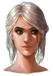  1girl absurdres ciri eyebrows eyelashes eyeliner green_eyes hair_bun highres jess_(jess4400) lips makeup nose portrait realistic scar scar_on_cheek scar_on_face scared silver_hair solo_focus the_witcher the_witcher_3 tied_hair 