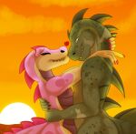  &lt;3 2021 anthro claws crocodile crocodilian crocodylid digital_media_(artwork) duo eyes_closed female fin flat_chested grumpy_griffin_creations hi_res hug male male/female nose_to_nose nude reptile romantic_couple scalie simple_background size_difference smile spines standing 