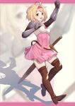  1girl :d ahoge arm_up blonde_hair blurry blurry_background blush boots bow breasts brown_eyes brown_footwear brown_legwear commentary_request depth_of_field djeeta_(granblue_fantasy) full_body gauntlets granblue_fantasy hairband high-waist_skirt highres medium_breasts open_mouth pink_bow pink_hairband pink_skirt pleated_skirt shadow sheath sheathed shirt skirt smile solo sword thigh_boots thighhighs uneg weapon white_shirt 