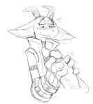  2021 anthro armor big_ears big_hands blush bodily_fluids clothed clothing disembodied_penis female gauntlets genitals gloves guoh handjob handwear horn kobold male male/female monochrome penile penis scalie sex simple_background sketch solo_focus sweat white_background 