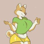  1:1 animated anthro biped bottomwear bouncing_breasts breasts brown_background brown_nose canid canine canis clothing dancing domestic_dog eyes_closed female green_clothing green_shirt green_topwear mammal navel nipples shirt short_playtime shorts simple_background slightly_chubby smile softsorbet solo topwear yellow_bottomwear yellow_clothing yellow_shorts 