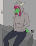  anthro black_bottomwear black_clothing black_pants blue_eyes bottomwear clothing dragon eliza_(tackykat) female green_body green_skin grey_clothing grey_jacket grey_topwear hair hands_in_pockets hi_res hoodie horn jacket pants pockets red_hair simple_background sitting solo tackykat topwear watery_eyes 