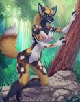  african_wild_dog anthro biped breasts canid canine claw_marks claws dipstick_tail female forest fur genitals imanika mammal multicolored_body multicolored_tail nipples nude outside plant pussy rock solo spots spotted_body spotted_fur tree 