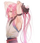  1boy armband armpits arms_up artist_name black_gloves cherry_blossom_(sk8) dated gloves hair_tie_in_mouth long_hair male_focus mouth_hold pink_hair shinemoe signature sk8_the_infinity solo very_long_hair white_background 