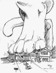  1996 ambiguous_gender anthro black_and_white building claws cougar crush crushed_underfoot destruction domestic_cat driveway felid feline felis house human kencougr macro mailbox mammal monochrome neighborhood panic panic_(emotion) paws running solo traditional_media_(artwork) 