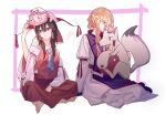  2girls animal_on_head animal_on_lap animalization arm_ribbon ascot axolotl ball bangs bare_shoulders barefoot blonde_hair boots bow brown_hair collarbone detached_sleeves dress eyebrows_visible_through_hair feet fox full_body gap_(touhou) hair_between_eyes hair_bow hair_tubes hair_up hakurei_reimu hakurei_reimu_(fox) heart highres indian_style long_hair long_skirt long_sleeves multiple_girls nail_polish no_hat no_headwear nontraditional_miko on_head on_lap orb ouka_musci petting purple_eyes purple_nails red_bow red_eyes red_shirt red_skirt ribbon ribbon-trimmed_sleeves ribbon_trim sarashi shirt sidelocks simple_background sitting skirt sleeveless sleeveless_shirt smile tabard tied_hair touhou white_dress wide_sleeves yakumo_yukari yakumo_yukari_(axolotl) yin_yang yin_yang_orb yokozuwari 