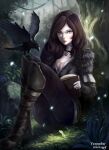  1girl absurdres airgate116 bird black_clothes black_footwear black_hair black_pants book boots breasts choker cleavage forest highres jewelry long_hair nature necklace pants pentagram pentagram_pendant raven_(animal) sitting the_witcher the_witcher_3 wavy_hair yennefer 