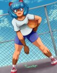  animal_ears basketball basketball_court bike_shorts blue_eyes blue_sky brand_new_animal breasts cloud colored_skin highres iamoctopii kagemori_michiru open_mouth orange_skin shirt shoes short_hair sky small_breasts smile white_shirt wide-eyed 