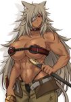  1girl abs airisubaka animal_ears bare_shoulders breasts brown_eyes cat_ears cat_girl collar collarbone cowboy_shot dark_skin english_commentary eyepatch ghislaine_dedoldia highres holding holding_sheath holding_sword holding_weapon large_breasts long_hair looking_at_viewer muscular muscular_female mushoku_tensei navel scar sheath simple_background solo sword weapon white_background 