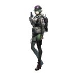  1girl arknights backpack bag baseball_cap boots crossover ela_(rainbow_six_siege) fingerless_gloves gloves goggles goggles_on_headwear green_hair gun handgun hat headset holding holding_gun holding_weapon official_art rainbow_six_siege shorts solo thighhighs trigger_discipline weapon 