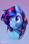  2021 2:3 absurd_res blue_background blue_body blue_fur blue_mane bust_portrait english_text equid equine fan_character feral fur gradient_background hair hasbro hi_res highlights_(coloring) horse inner_ear_fluff jedayskayvoker looking_aside male mammal mane my_little_pony pony portrait purple_background purple_eyes red_highlights signature simple_background smile solo text tuft wet_hair 