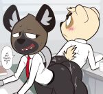  2021 against_table aggressive_retsuko anai_(aggretsuko) anthro ass_to_ass badger bent_over big_butt black_body black_bottomwear black_clothing black_fur black_pants blonde_hair blush bottomwear bouncing_butt brown_body brown_fur butt clothing dialogue duo english_text freckles frown fur grey_inner_ear haida hair hi_res hyaenid inner_ear_fluff japanese_badger jerseydevil looking_at_another looking_away looking_back male mammal meles mustelid musteline necktie pants polo_shirt red_necktie sanrio sharp_teeth shirt short_tail smile smirk speech_bubble spotted_hyena teeth text thick_thighs topwear tuft white_clothing white_shirt white_topwear yellow_body yellow_fur 