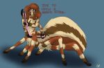  4_arms 6_legs acacia_dune arachnid arachnid_taur arthropod arthropod_taur breasts dialogue english_text female fluffy hair holding_object looking_at_viewer multi_arm multi_limb simple_background solo spider spider_taur talking_to_viewer taur text threatening 