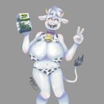  1:1 anthro anthrofied big_breasts bikini blush blushing_ears bovid bovine breasts cattle clothed clothing cowbell dairy_products ear_blush ears_down eyes_closed female food fur gesture grey_background hill horn kukchichis69 looking_at_viewer mammal mexican mexicana mexico milk nutri_leche pivoted_ears simple_background smile solo swimwear tail_tuft teeth tuft v_sign vaquita_pili white_body white_fur 