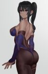  1girl absurdres aqua_eyes ass black_hair blue_leotard bodystocking bodysuit_under_clothes breasts cosplay from_behind genshin_impact green_eyes hat highres leotard long_hair looking_at_viewer looking_back mona_(genshin_impact) mona_(genshin_impact)_(cosplay) sakurajima_mai seishun_buta_yarou simple_background solo standing thighlet twintails white_background witch_hat zaki_(zaki_btw) 