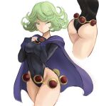  1girl :/ bangs breasts closed_mouth cosplay dc_comics green_eyes green_hair highres looking_at_viewer medium_breasts one-punch_man rakeem_garcia-cueto raven_(dc) raven_(dc)_(cosplay) short_hair simple_background solo tatsumaki teen_titans white_background 