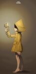  1girl barefoot feet highres hood lighter little_nightmares long_sleeves murata_tefu raincoat simple_background six_(little_nightmares) solo 