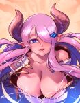  1girl bare_shoulders black_gloves blue_eyes blush breasts bright_pupils cleavage draph fu_shark gloves granblue_fantasy hair_ornament hair_over_one_eye highres horns lactation large_breasts long_hair looking_at_viewer narmaya_(granblue_fantasy) nipple_slip nipples parted_lips pink_hair solo upper_body white_pupils 