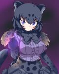  1girl animal_ear_fluff animal_ears black_jaguar_(kemono_friends) blue_eyes blush breast_pocket breasts crossed_arms eyebrows_visible_through_hair frown fur_collar fur_trim hata_(user_ehfr2334) highres jaguar_ears jaguar_girl jaguar_print jaguar_tail kemono_friends kemono_friends_3 large_breasts looking_at_viewer looking_down miniskirt pocket print_skirt skirt solo tail thighhighs zettai_ryouiki 