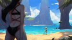  2girls ass beach bikini black_bikini black_hair blonde_hair blurry blurry_background blurry_foreground breasts dark_skin dark_skinned_female day elezen elf facing_away final_fantasy final_fantasy_xiv hair_over_one_eye highres hilda_ware hybrid hyur koyorin leaf long_hair looking_at_viewer medium_breasts miqo&#039;te multiple_girls one-piece_swimsuit open_mouth outdoors outstretched_arms pointy_ears ponytail short_hair spread_arms swimsuit water wind 