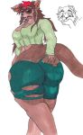  anthro big_breasts big_butt bottomwear breasts brown_body brown_fur brown_hair butt butt_focus butt_grab canid canine ceschi ceschi_(ceschi) clothed clothing crossgender crying_laughing domestic_ferret duo dyed_(dyed) expansion female fur gender_transformation hair hand_on_butt hi_res hole_in_pants horny_bat huge_butt inner_ear_fluff long_hair looking_back mammal meme mtf_crossgender mtf_transformation mustela mustelid musteline raccoon_dog rear_view shirt short_stack simple_background size_difference standing tanuki teeth thick_tail thick_thighs topwear torn_clothing traditional_media_(artwork) transformation tuft wardrobe_malfunction wide_hips 