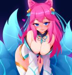  1girl ahri alternate_hair_color animal_ear_fluff animal_ears ayatori_(aytr) bell blue_eyes blue_tail blush breasts cleavage collarbone eyebrows_visible_through_hair facial_mark fox_ears fox_tail hair_bell hair_ornament highres korean_clothes kumiho large_breasts league_of_legends long_straw looking_at_viewer low_neckline multiple_tails off_shoulder open_mouth solo spirit_blossom_ahri tail vastaya whisker_markings 