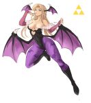  1girl :p blonde_hair breasts cosplay highres licking long_hair medium_breasts morrigan_aensland morrigan_aensland_(cosplay) navel pointy_ears princess_zelda rakeem_garcia-cueto simple_background solo the_legend_of_zelda tongue tongue_out vampire_(game) white_background 