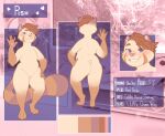  5_fingers ailurid ambiguous_gender blue_eyes brown_hair butt ear_piercing english_text featureless_crotch female_(lore) fingers hair industrial_piercing mammal model_sheet nude piercing pink_nose pish_(softsorbet) red_panda smile softsorbet standing text 
