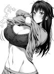  1girl bangs blush bra breasts cleavage crossed_arms gibagiba greyscale highres large_breasts long_hair monochrome navel original shirt_lift stomach translation_request underwear 